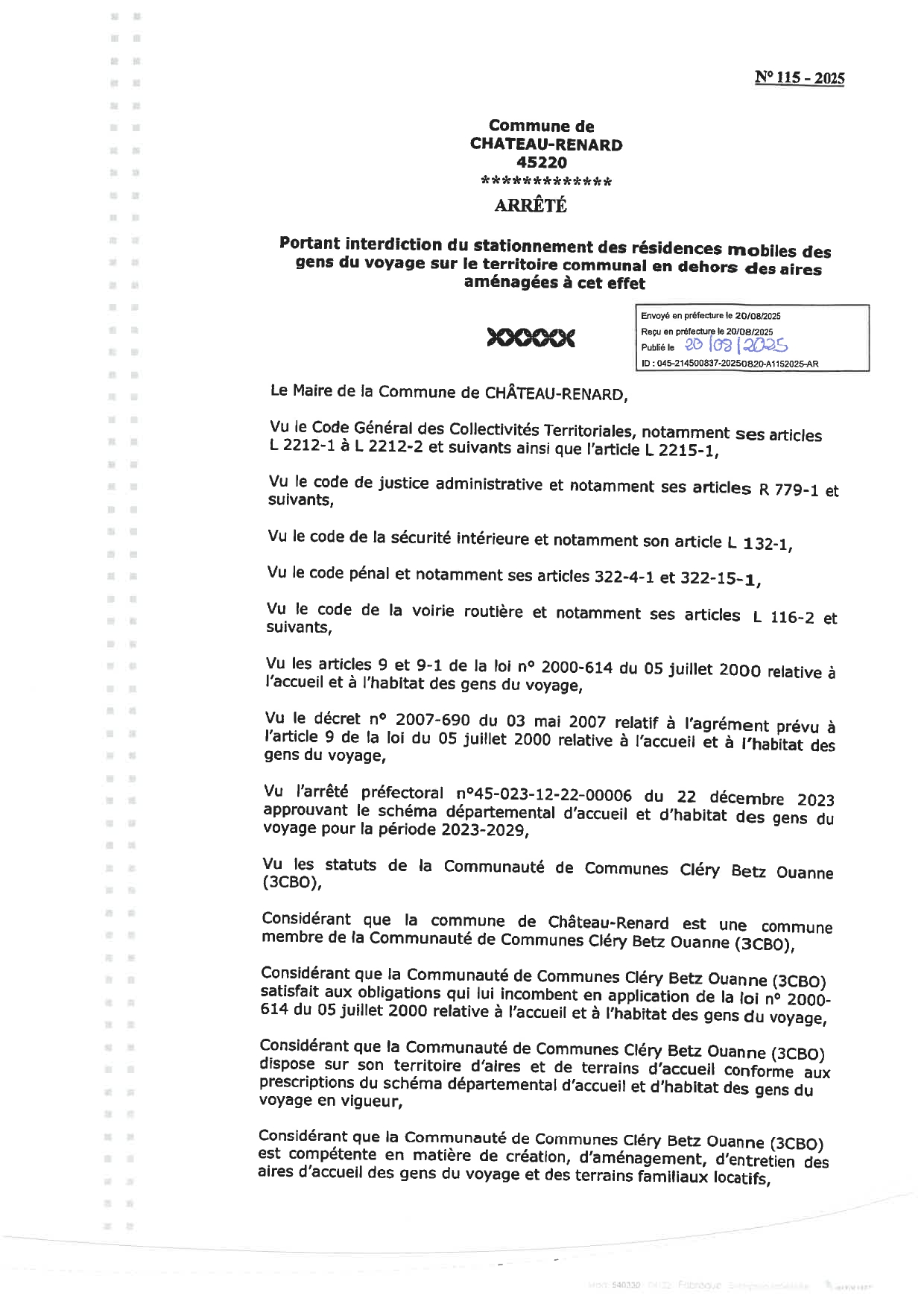 Arrêté du maire n°115/2025 du 20/08/2025 : Interdiction des résidences mobiles des gens du voyage